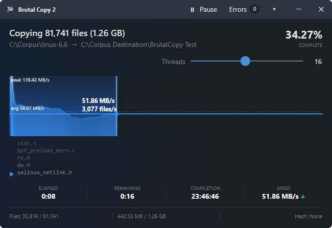 Brutal Copy 2 progress window copying 81,741 files with a live speed graph and thread slider