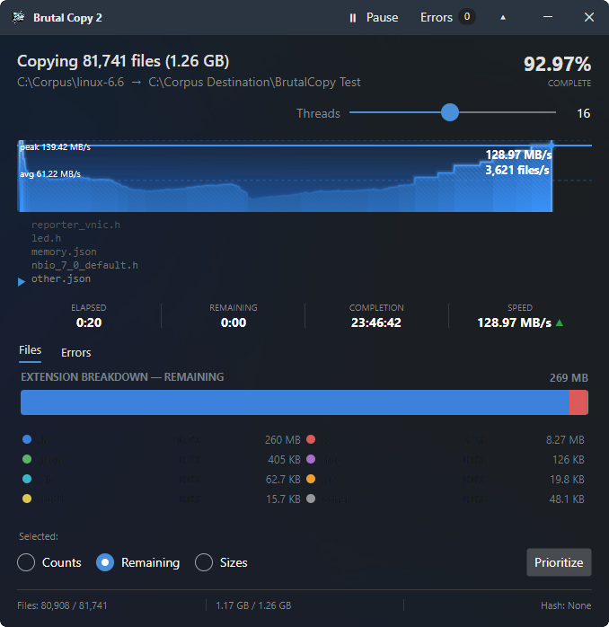 Brutal Copy 2 expanded progress window with per-extension breakdown and Prioritize button