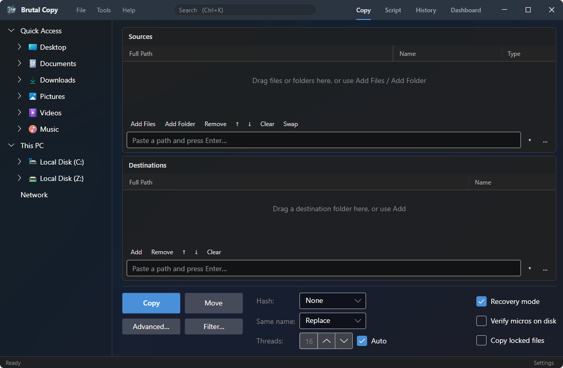 Brutal Copy 2 main window with file browser, source and destination queues, and engine options