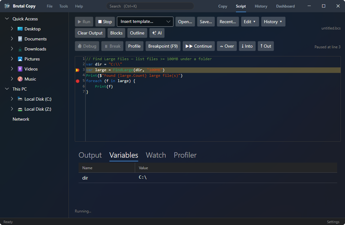 Brutal Copy 2 script editor with syntax highlighting, breakpoints, and a live variable inspector